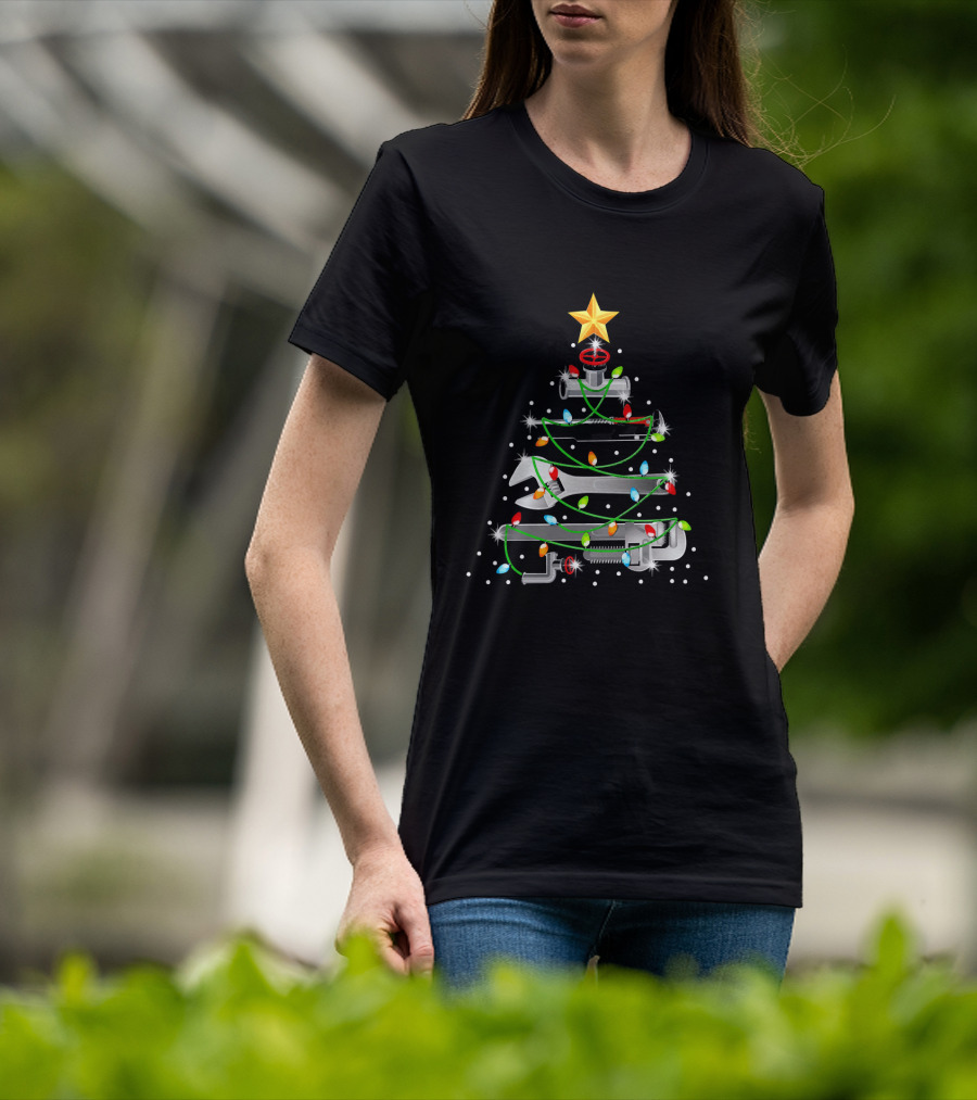 Plumber Christmas Tree Wrench Ornament With Lights And Star T-Shirt