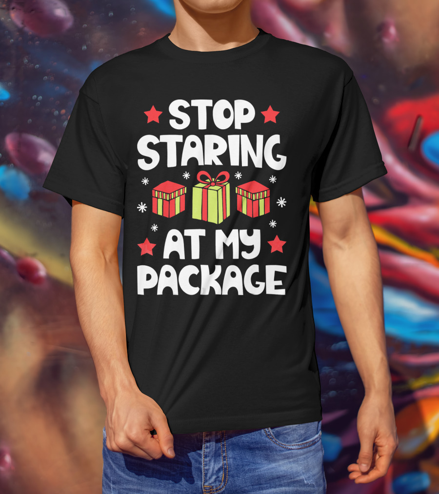 Stop Staring At My Package Christmas Gift Box Design With Stars And Snowflakes T-Shirt