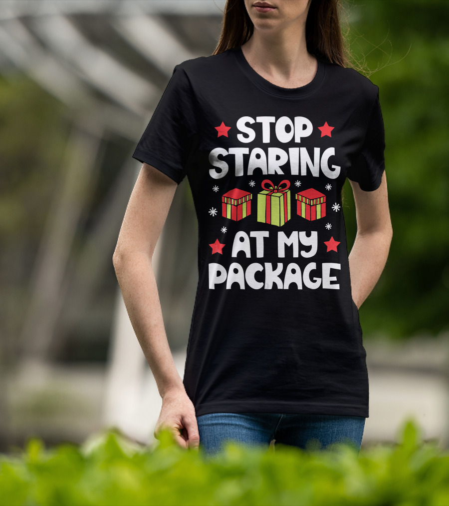 Stop Staring At My Package Christmas Gift Box Design With Stars And Snowflakes T-Shirt