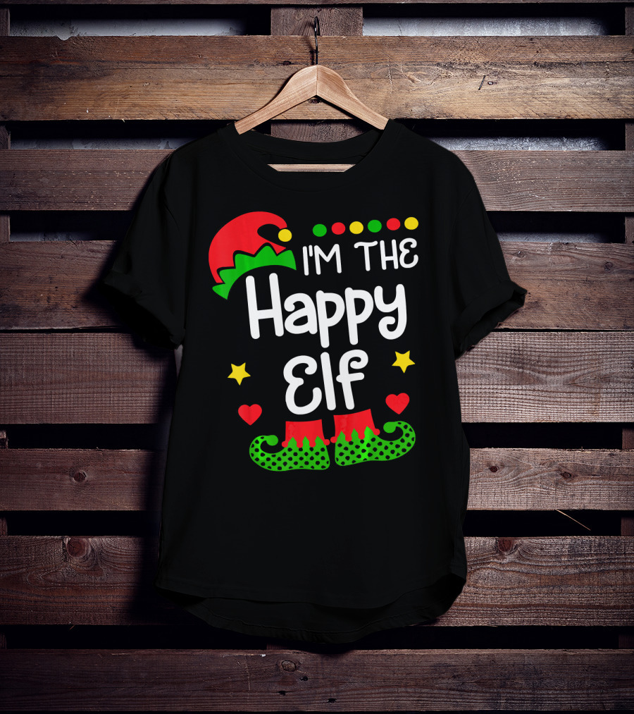 I'm The Happy Elf Christmas Hat Stars Hearts Dots T-Shirt
