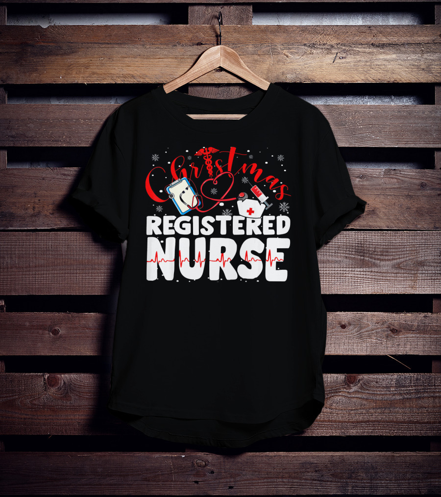 Christmas Registered Nurse With Medical Icons And Heartbeat T-Shirt