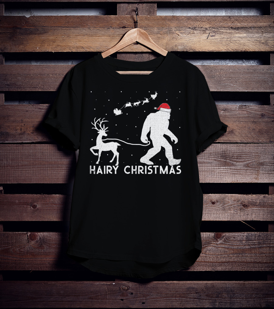 Hairy Christmas Bigfoot Santa Reindeer Snow Scene T-Shirt