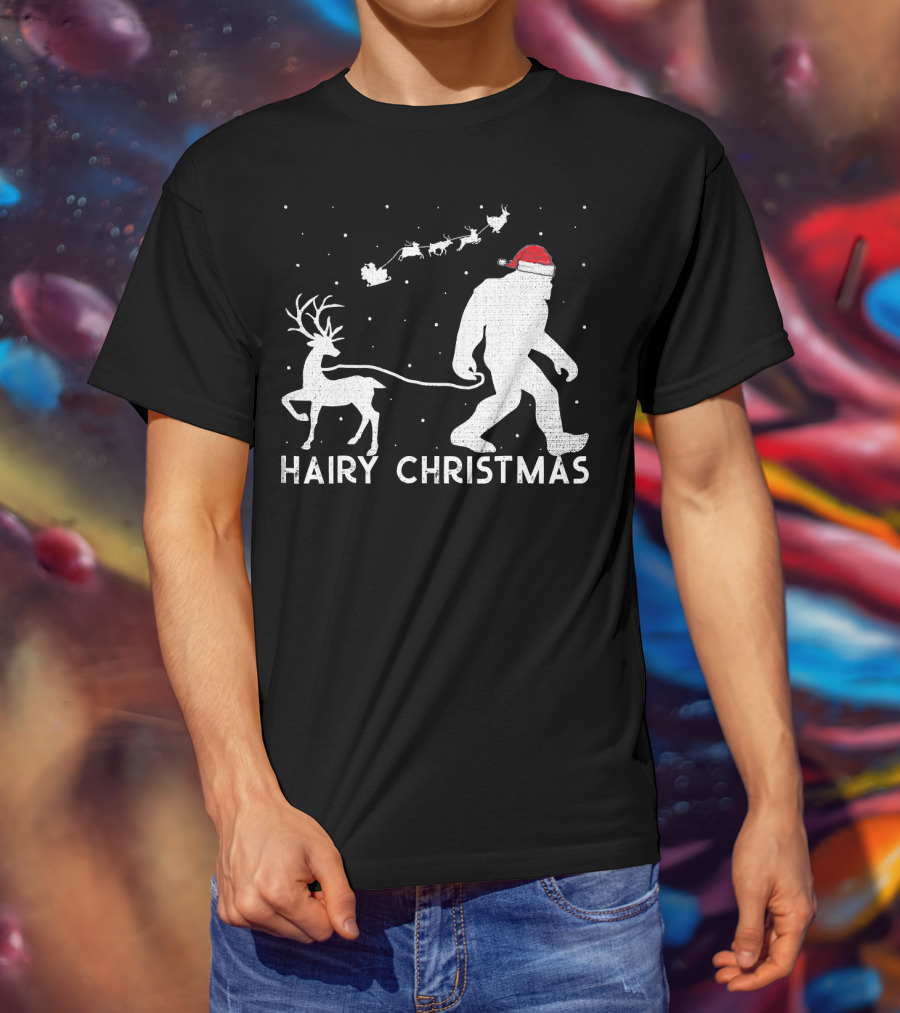 Hairy Christmas Bigfoot Santa Reindeer Snow Scene T-Shirt