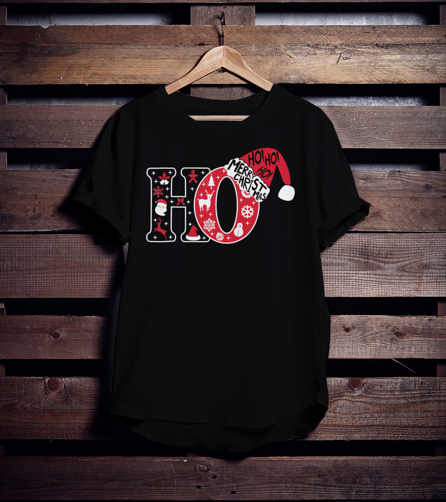 HO HO HO Merry Christmas Santa Hat Snowflakes T-Shirt