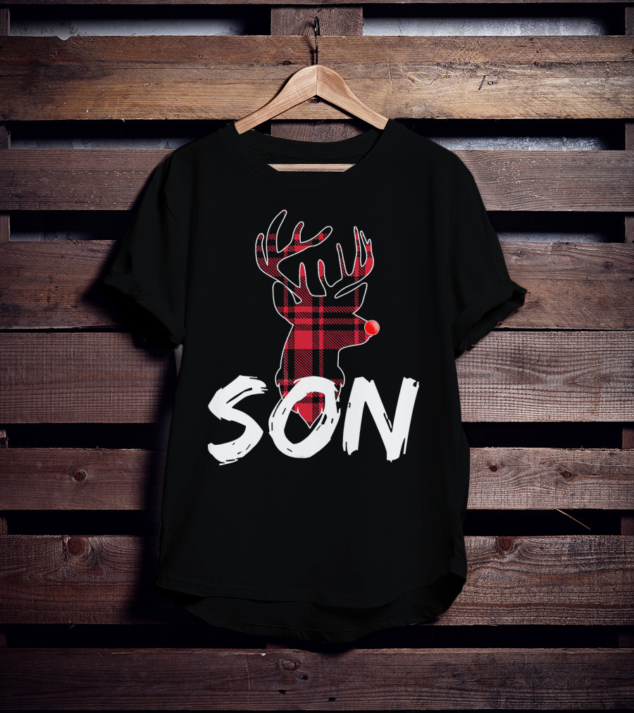 Son Family Matching Christmas Red Plaid Reindeer T-Shirt