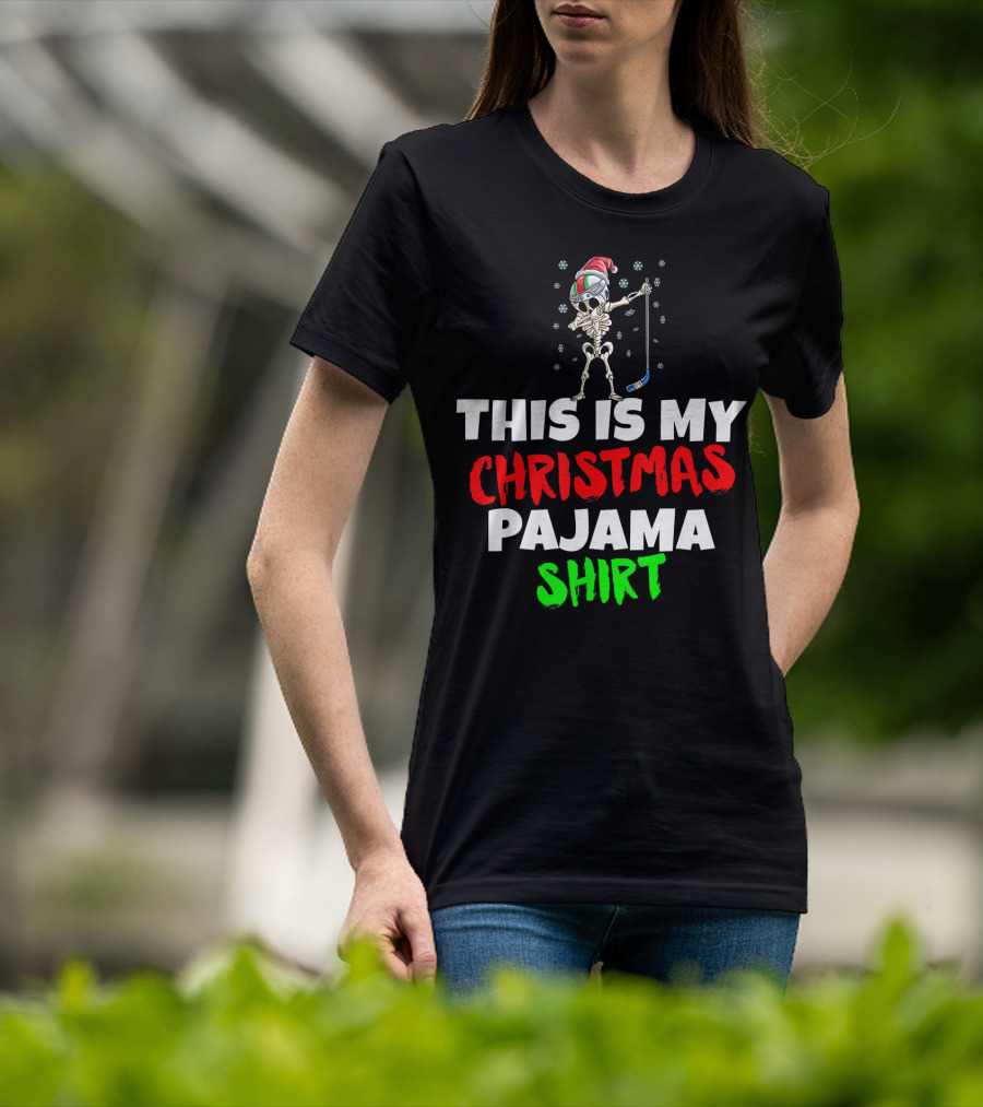 This Is My Christmas Pajama Shirt Skeleton With Santa Hat And Hockey Stick T-Shirt