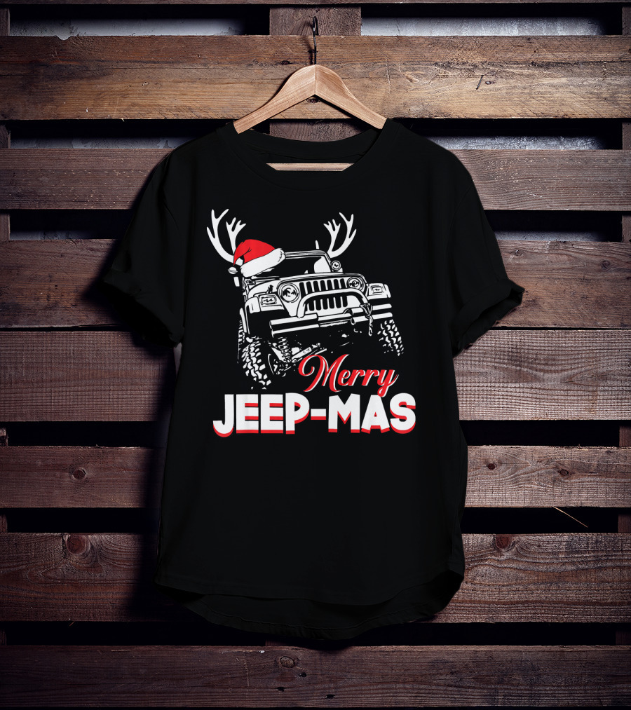 Merry Jeep-Mas Funny Jeep With Santa Hat And Reindeer Antlers T-Shirt