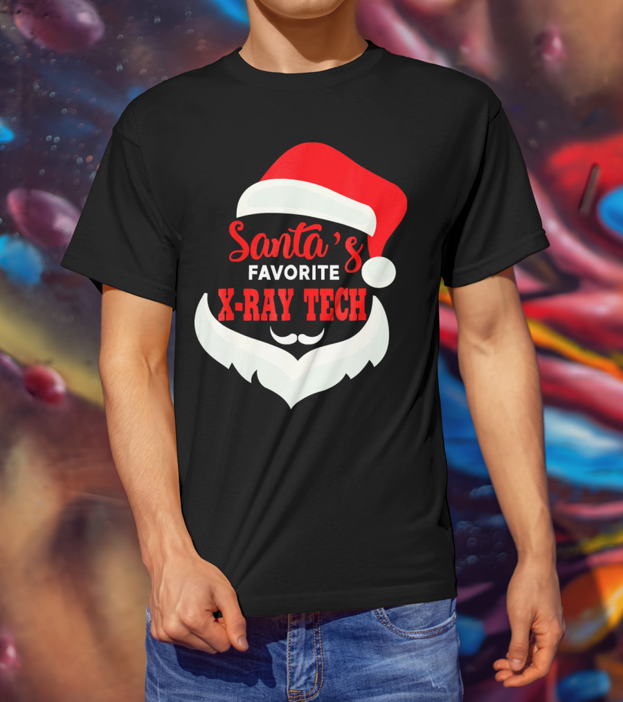 Santa's Favorite X-Ray Tech Christmas Santa Hat And Beard T-Shirt