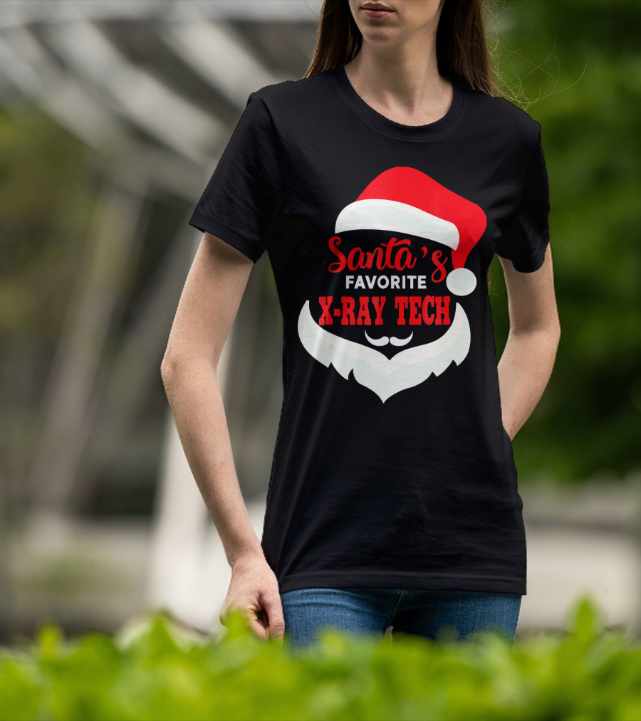 Santa's Favorite X-Ray Tech Christmas Santa Hat And Beard T-Shirt