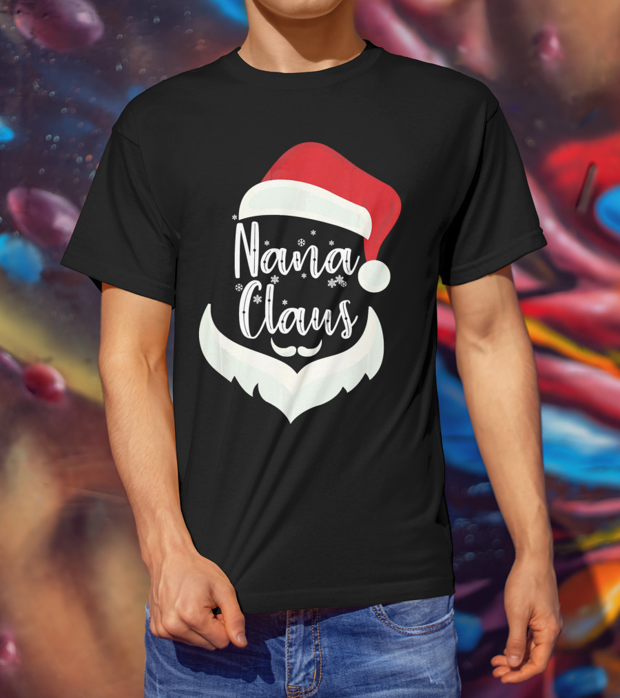 Nana Claus Santa Hat Beard Snowflakes T-Shirt