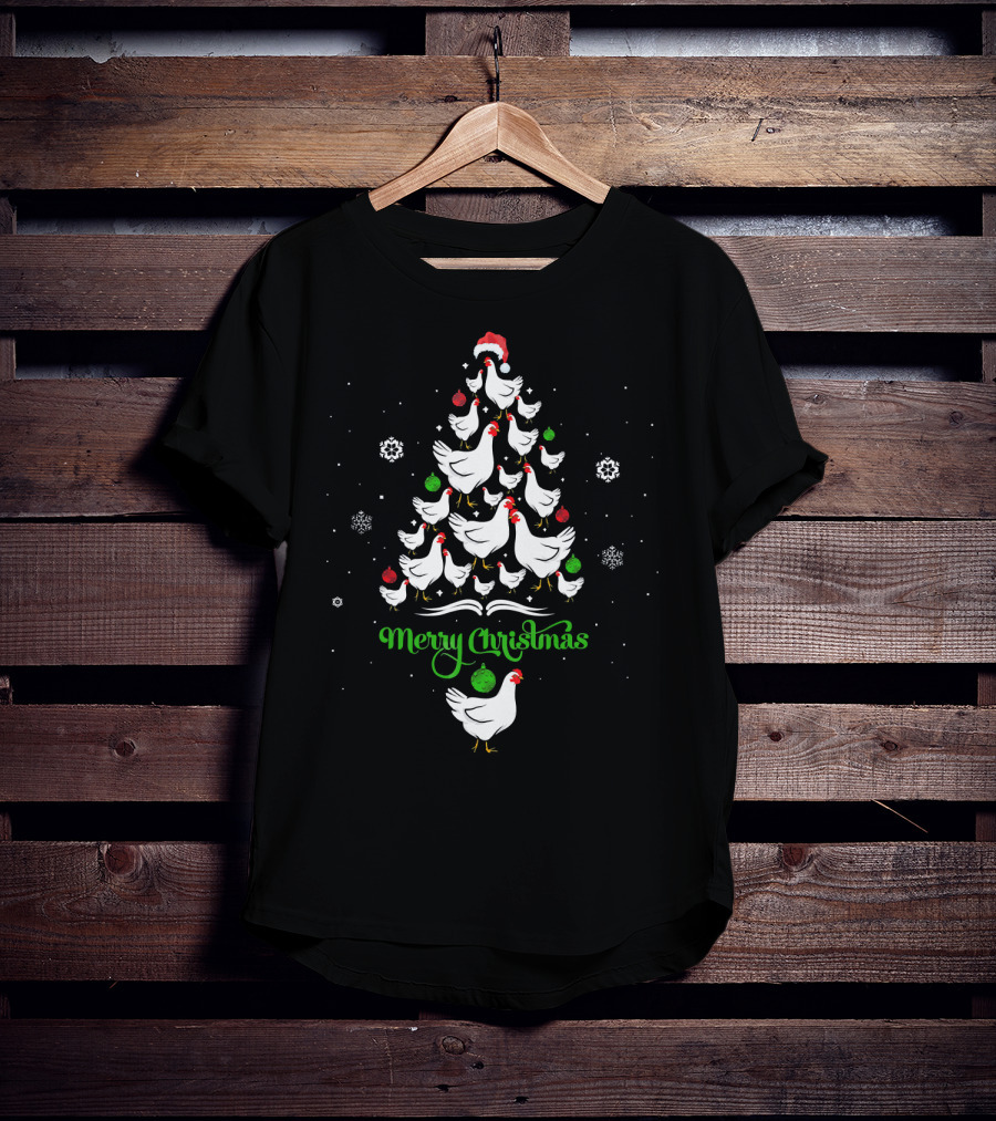 Merry Chickmas Chicken Lover Christmas Tree With Santa Hat And Ornaments T-Shirt