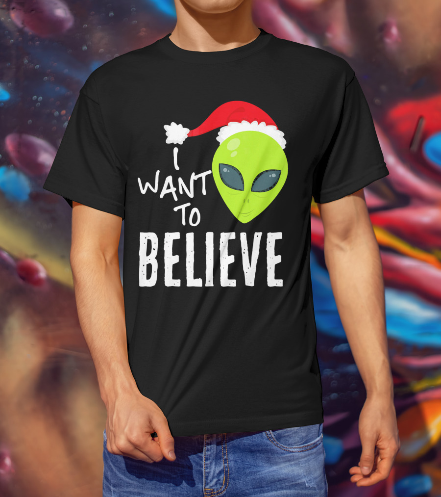 I Want To Believe Alien Santa Hat Christmas UFO T-Shirt