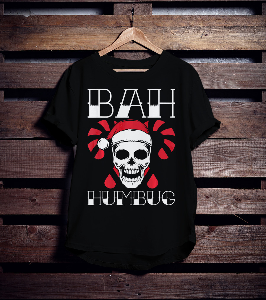 Bah Humbug Skull With Xmas Hat And Candy Canes T-Shirt