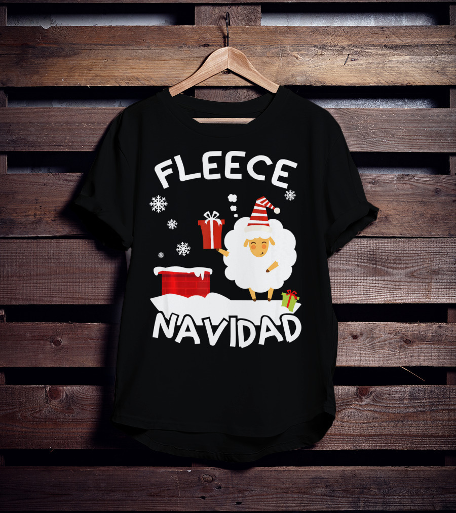 Fleece Navidad Sheep With Santa Hat And Gift Chimney Snowflakes T-Shirt