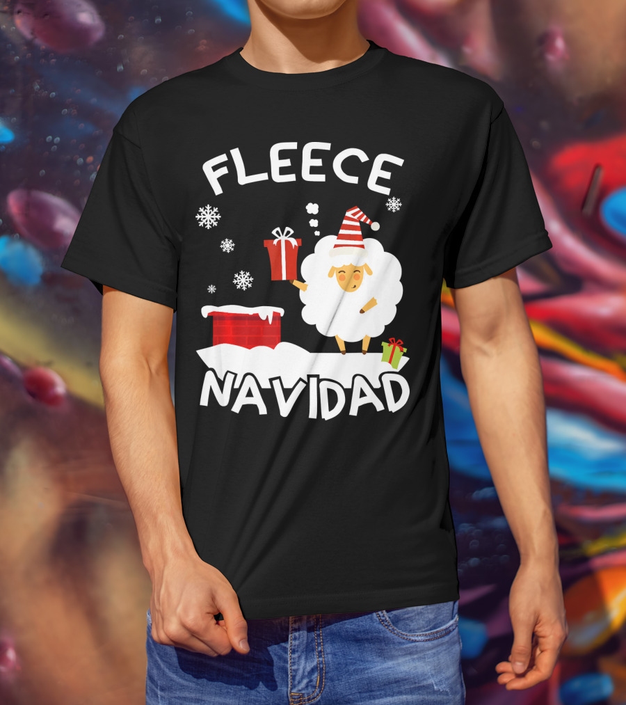 Fleece Navidad Sheep With Santa Hat And Gift Chimney Snowflakes T-Shirt