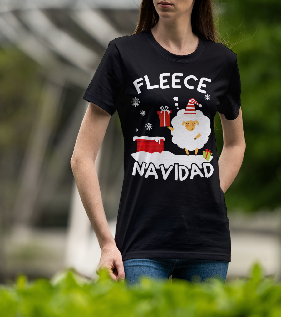 Fleece Navidad Sheep With Santa Hat And Gift Chimney Snowflakes T-Shirt