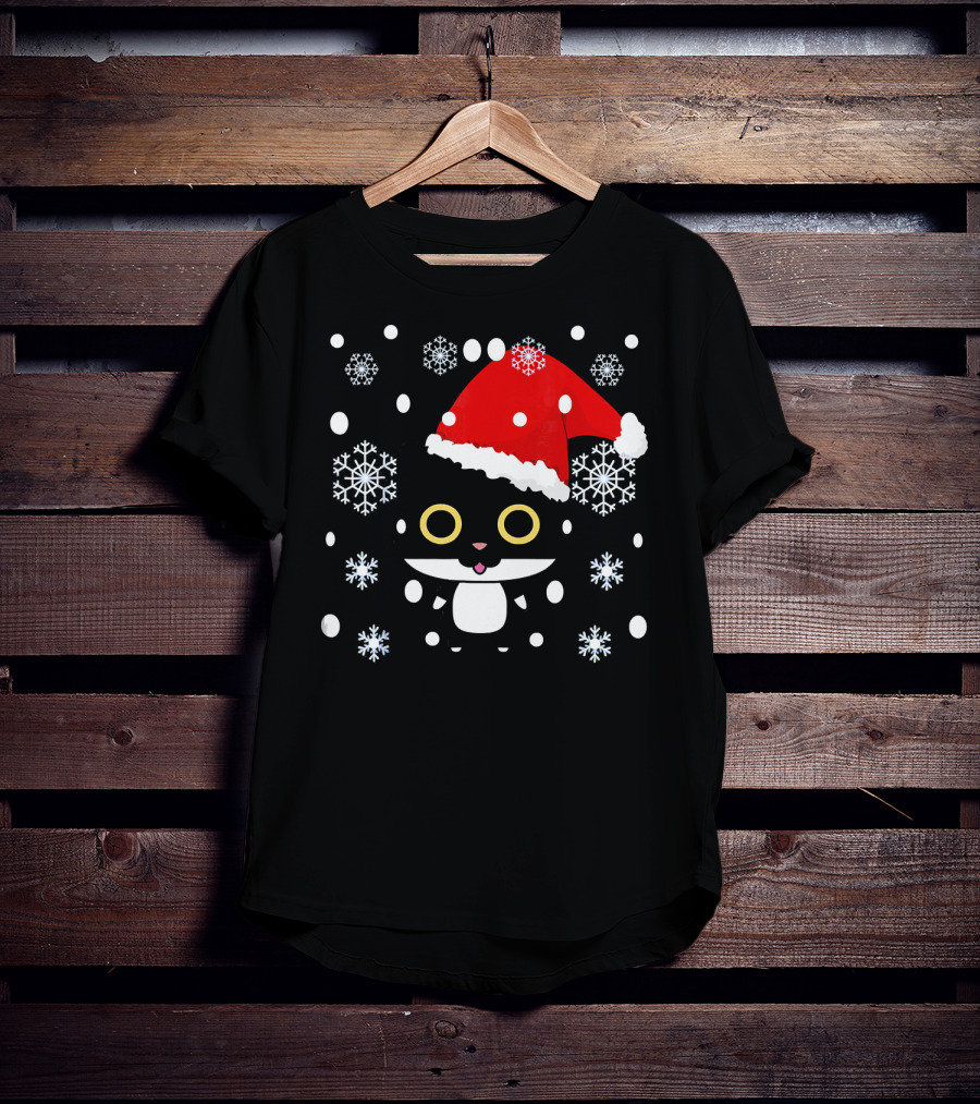 Cute Kawaii Cat With Santa Hat And Snowflakes Christmas T-Shirt