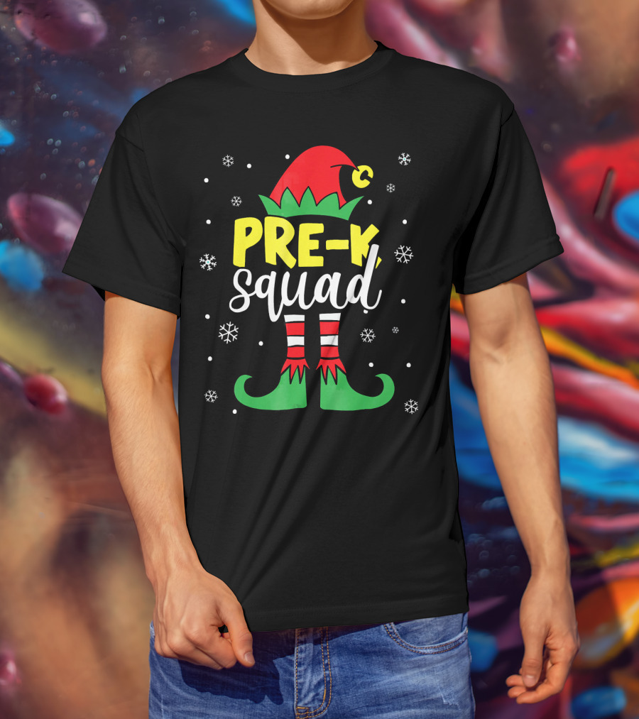 Pre K Squad Teacher Elf Christmas Snowflakes T-Shirt