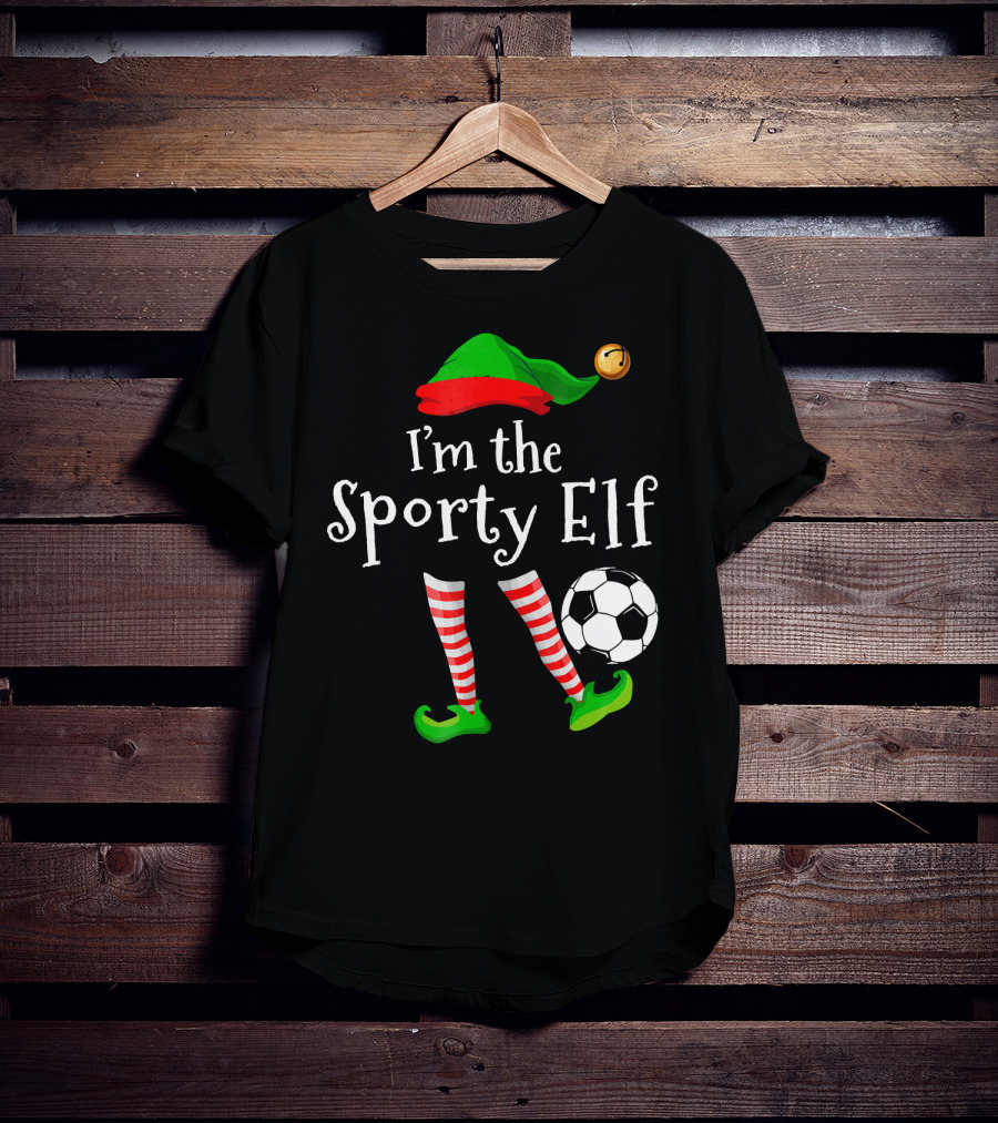 I'm The Sporty Elf Soccer Player Festive Holiday Striped Socks And Green Shoes With Soccer Ball T-Shirt