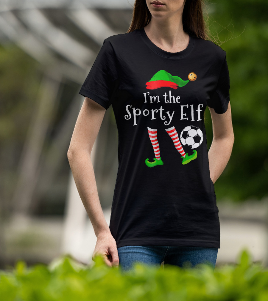 I'm The Sporty Elf Soccer Player Festive Holiday Striped Socks And Green Shoes With Soccer Ball T-Shirt