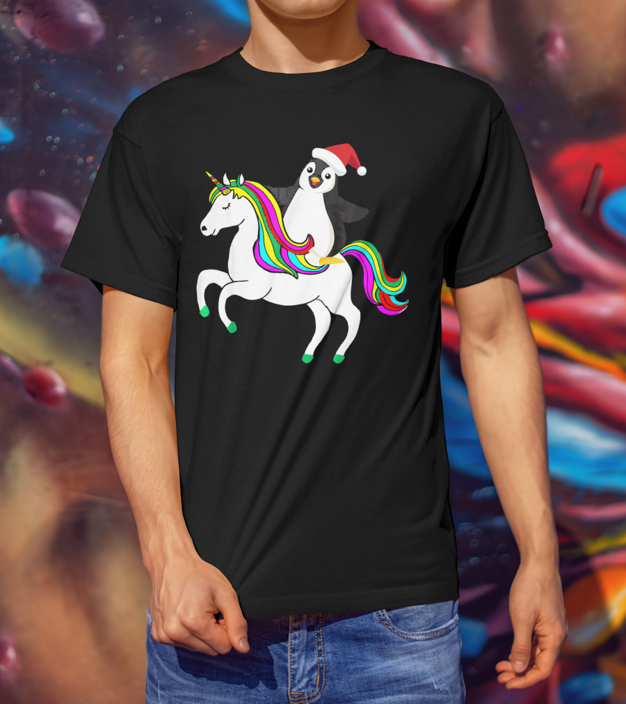 Penguin In Santa Hat Riding A Rainbow Unicorn T-Shirt