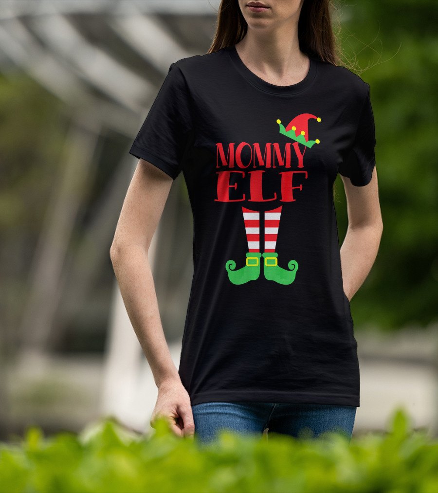 Mommy ELF Christmas Hat And Striped Socks Festive Season T-Shirt