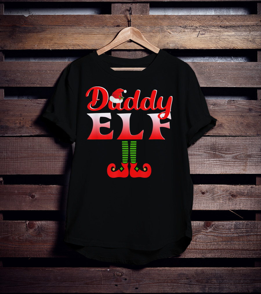 Daddy Elf Santa Hat Striped Socks Red Shoes Holiday Fun T-Shirt