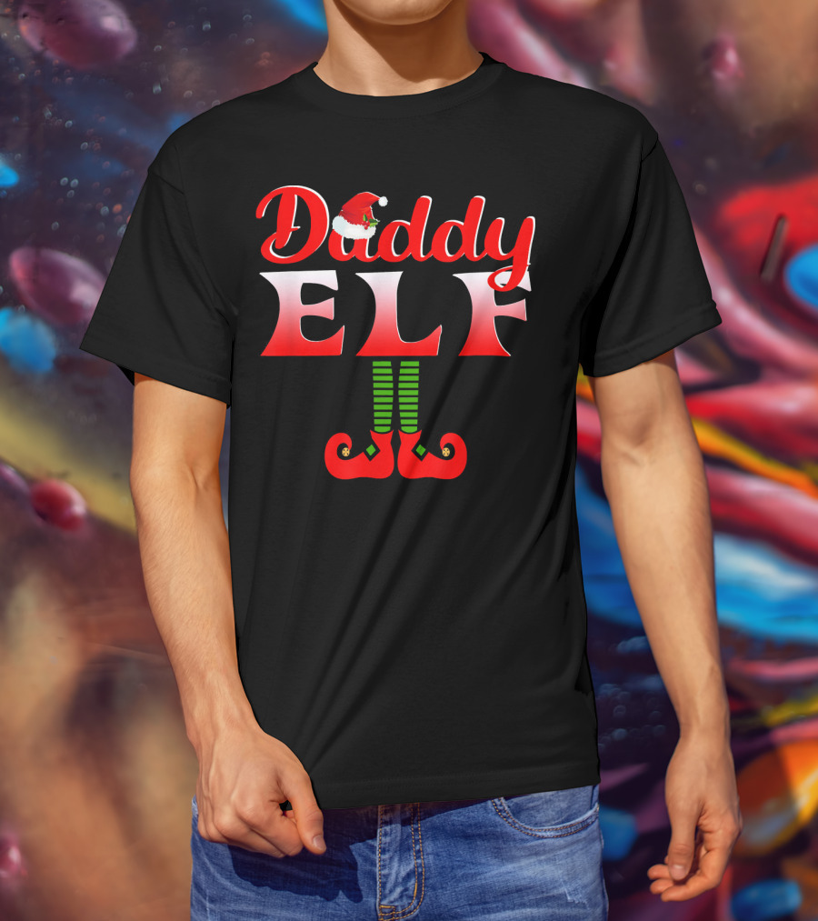 Daddy Elf Santa Hat Striped Socks Red Shoes Holiday Fun T-Shirt