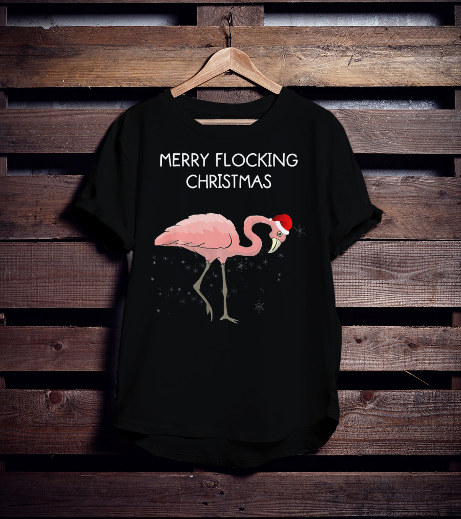 Merry Flocking Christmas Pink Flamingo Santa Hat T-Shirt