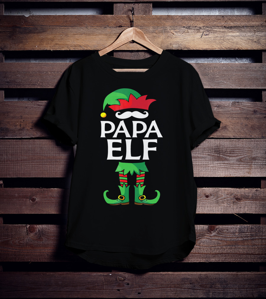 Papa Elf Costume Christmas Holiday Match With Santa Hat And Green Boots T-Shirt