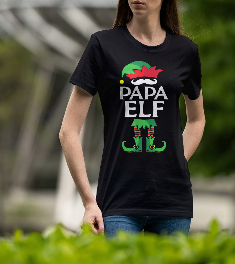 Papa Elf Costume Christmas Holiday Match With Santa Hat And Green Boots T-Shirt