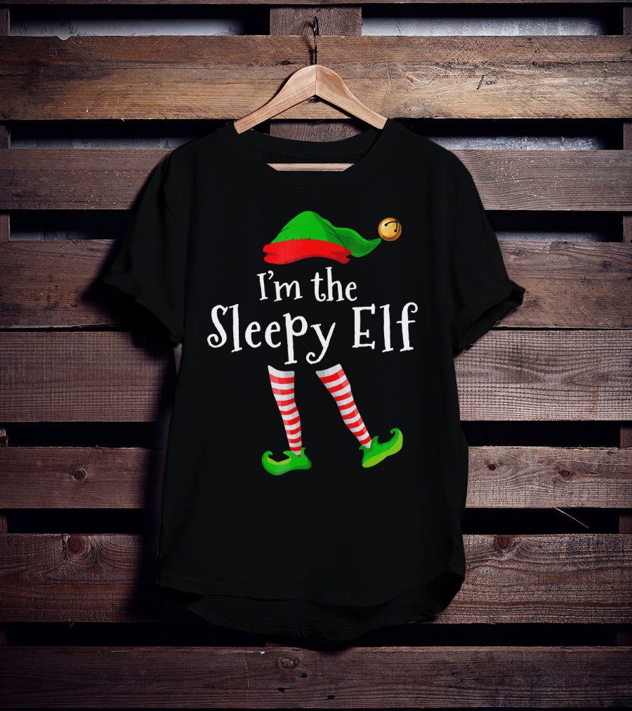 I'm The Sleepy Elf Green Hat Striped Stockings Jingle Bell T-Shirt