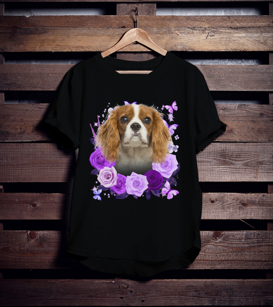 Purple Bloom With Flowers And Butterflies Featuring Cavalier King Charles Spaniel Floral Arrangement T-Shirt