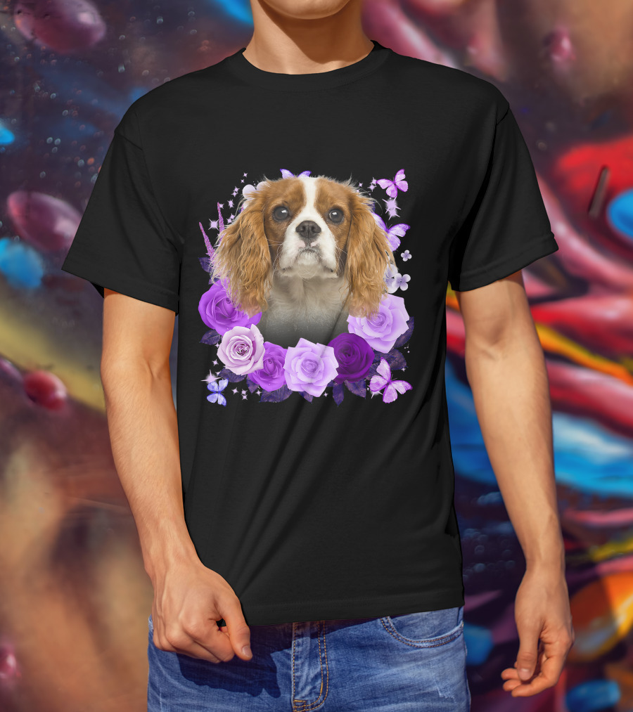 Purple Bloom With Flowers And Butterflies Featuring Cavalier King Charles Spaniel Floral Arrangement T-Shirt