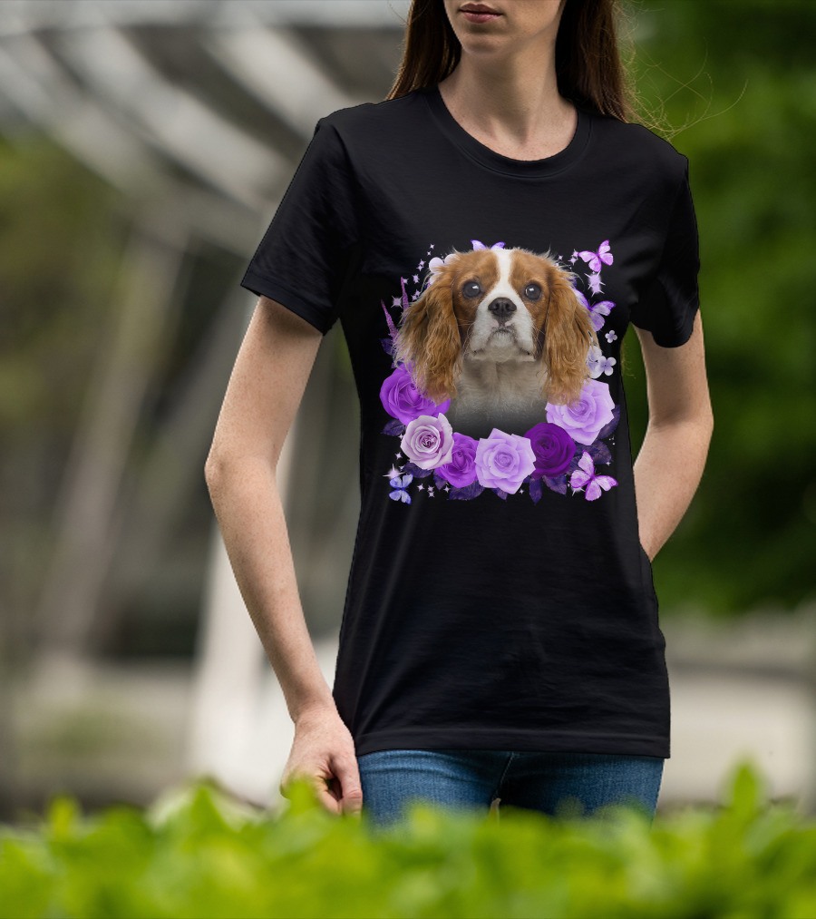Purple Bloom With Flowers And Butterflies Featuring Cavalier King Charles Spaniel Floral Arrangement T-Shirt