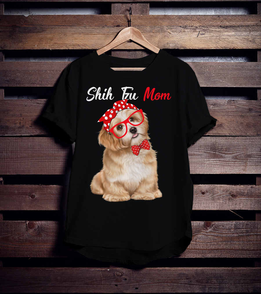 Shih Tzu Mom Red Glasses And Polka Dot Bow Accessories T-Shirt