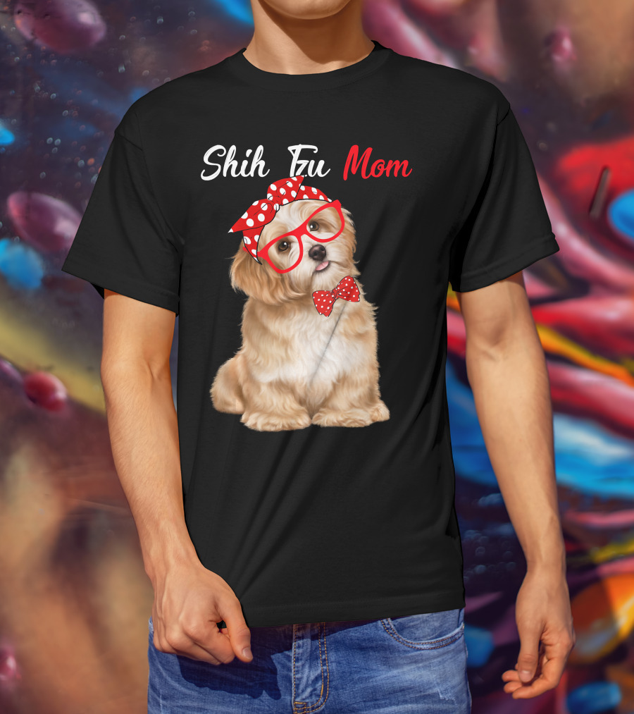 Shih Tzu Mom Red Glasses And Polka Dot Bow Accessories T-Shirt