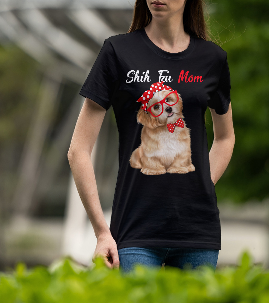 Shih Tzu Mom Red Glasses And Polka Dot Bow Accessories T-Shirt