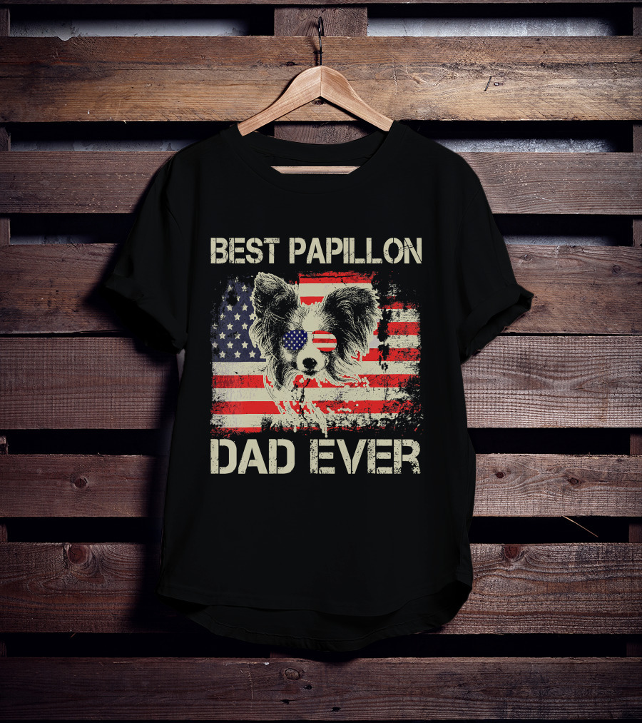 BEST PAPILLON DAD EVER American Flag Papillon T-Shirt