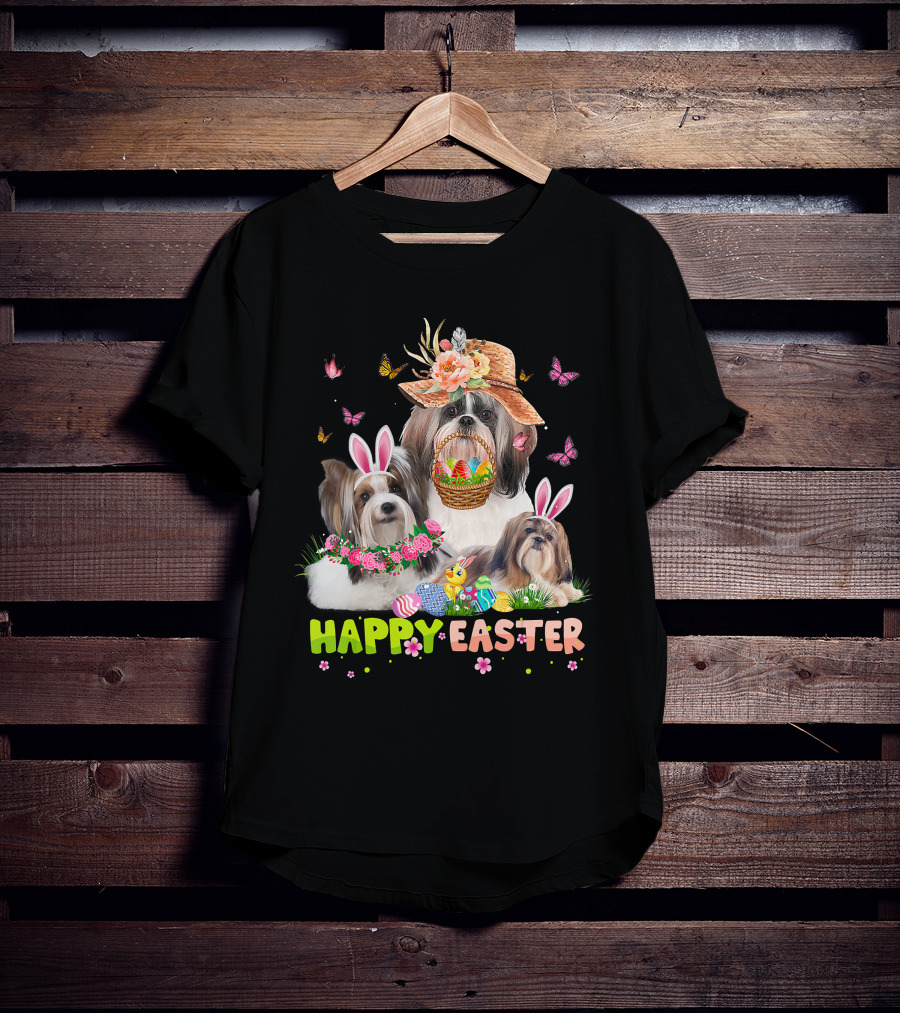 Shih Tzu Dogs With Bunny Ears And Easter Eggs Celebrating Happy Easter T-Shirt