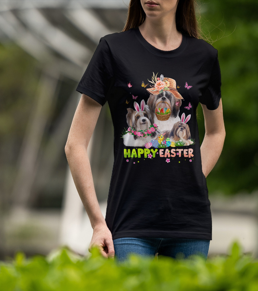 Shih Tzu Dogs With Bunny Ears And Easter Eggs Celebrating Happy Easter T-Shirt