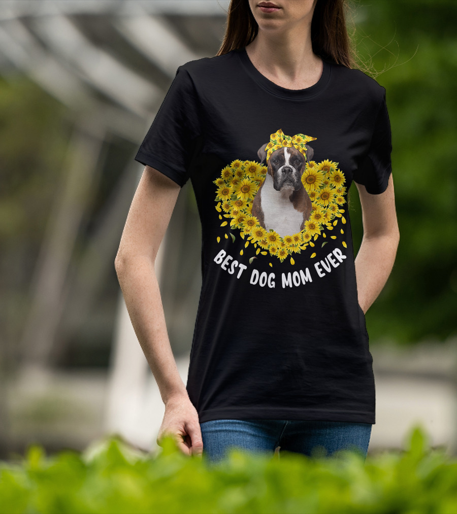 Best Dog Mom Ever Boxer Surrounded By Sunflowers T-Shirt