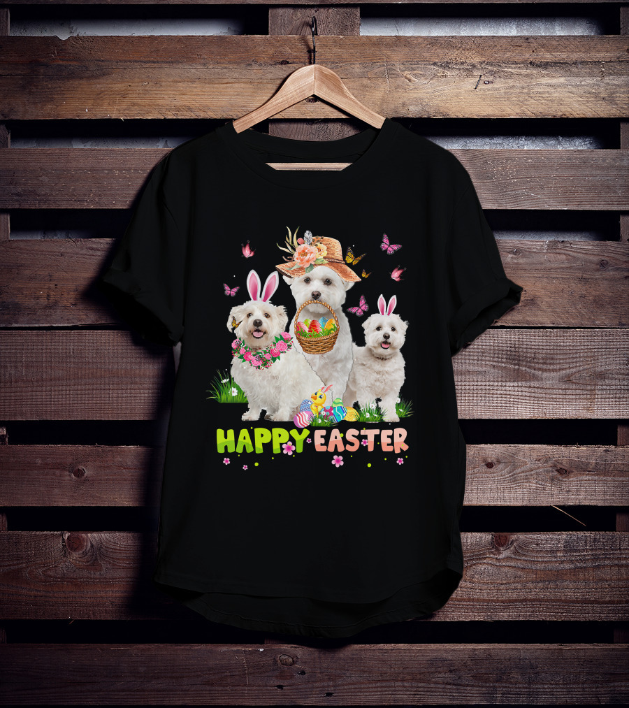 Happy Easter Maltese Dogs Bunny Ears Basket Eggs Butterflies T-Shirt