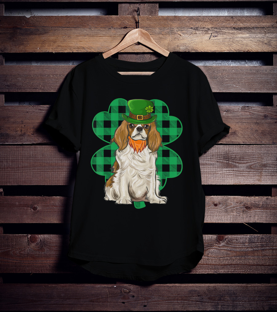 King Charles Spaniel Leprechaun With Shamrock Hat And Plaid Clover T-Shirt