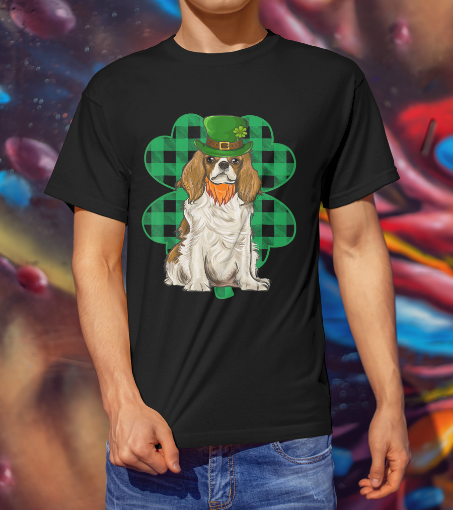 King Charles Spaniel Leprechaun With Shamrock Hat And Plaid Clover T-Shirt