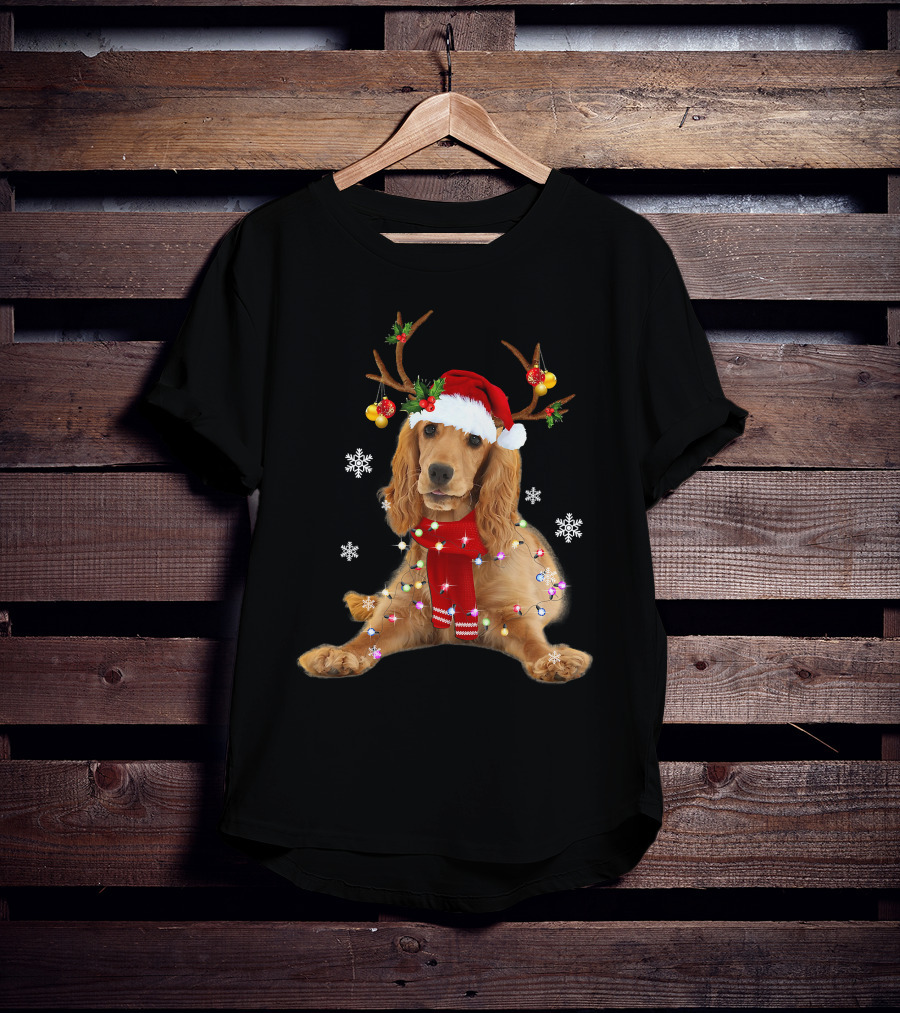Cocker Spaniel In Santa Hat With Christmas Lights And Reindeer Antlers T-Shirt