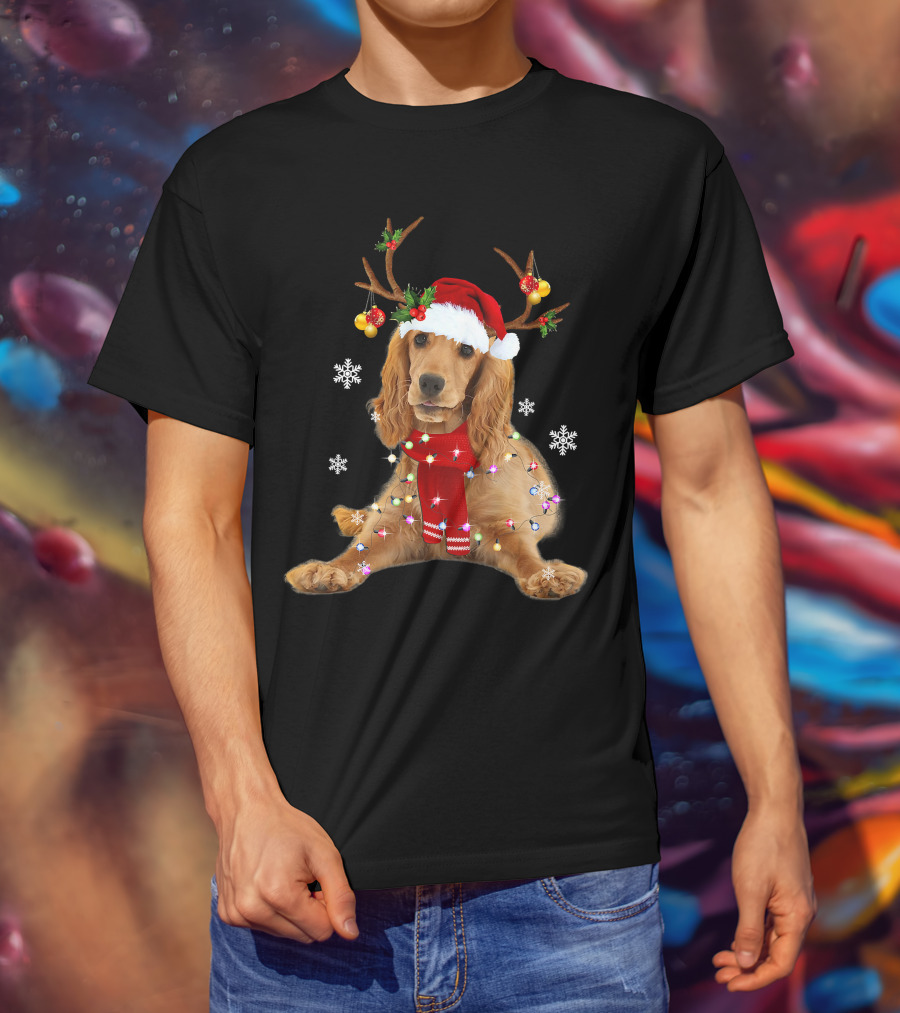 Cocker Spaniel In Santa Hat With Christmas Lights And Reindeer Antlers T-Shirt