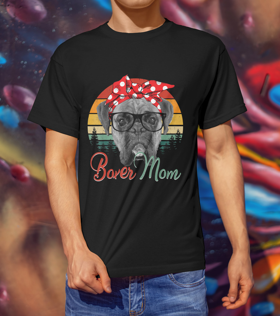 Boxer Mom Boxer Dog Lovers Retro Glasses And Polka Dot Bandana T-Shirt