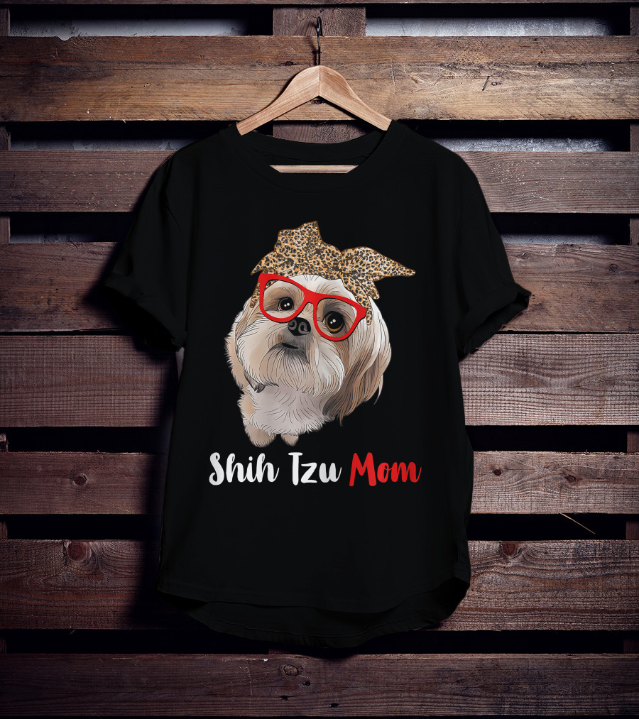 Shih Tzu Mom Leopard Print Bow Cute Dog Lover Red Glasses T-Shirt