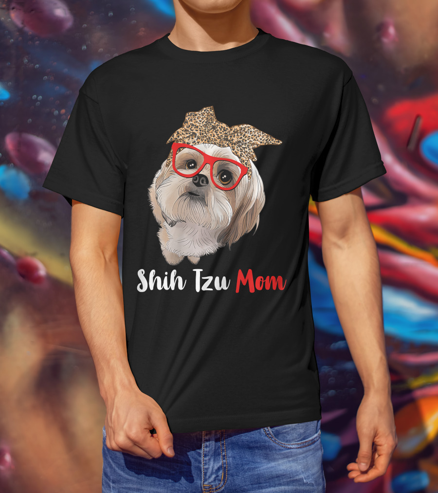 Shih Tzu Mom Leopard Print Bow Cute Dog Lover Red Glasses T-Shirt